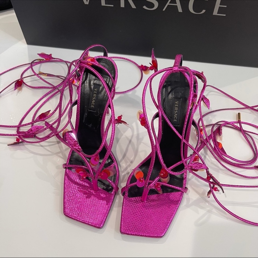 Versace karung leaf ankle strap sandals heels